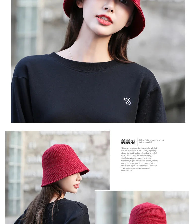 X093 New Fisherman's Hat for Women  Winter Warm Knitted Hat Covers Her Face Japanese Bucket Basin Hat Literary Brim Caps
