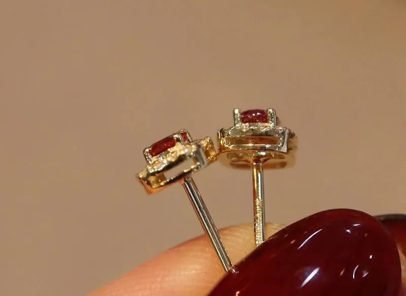 Aazuo Real 18K Yellow Gold Natural Ruby 0.40ct Real Diamonds Square Stud Earrings gifted for Women Engagement Wedding Party