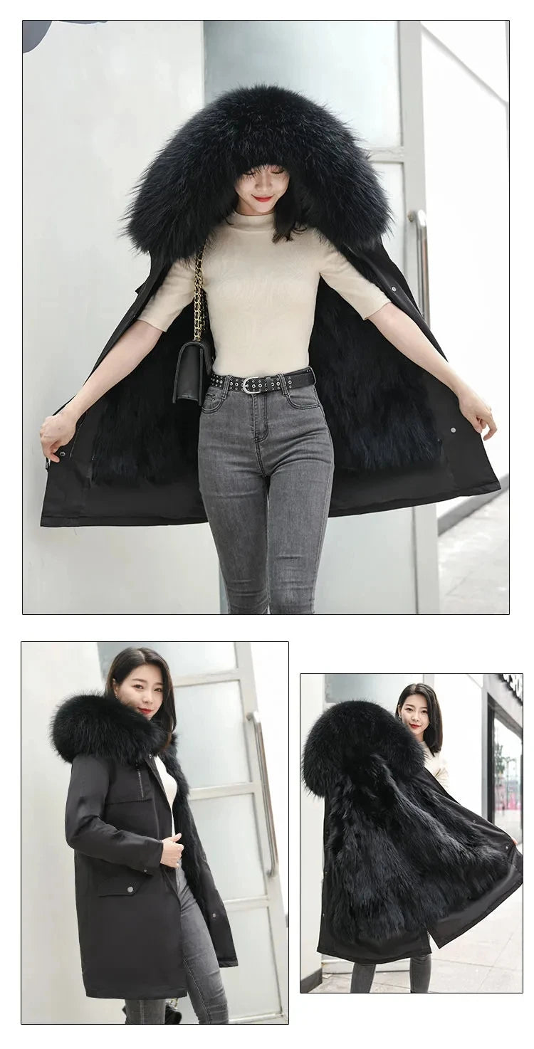 HANZANGL Women Fur Coat 2022 Winter New Real Raccoon Fox Fur Detachable Liner Long Parkas Women Clothing 12 Color  S-4XL