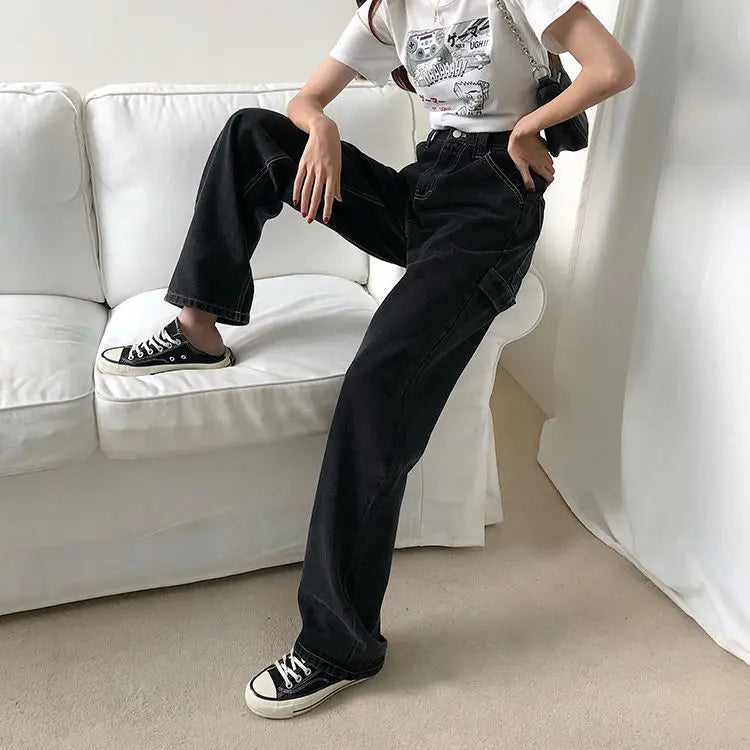 2021 New Jeans For Women Back Loose High Waist mom Large Size Straight pants Long Wide Leg Women Jeans streetwear