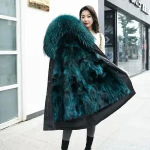 HANZANGL Women Fur Coat 2022 Winter New Real Raccoon Fox Fur Detachable Liner Long Parkas Women Clothing 12 Color  S-4XL