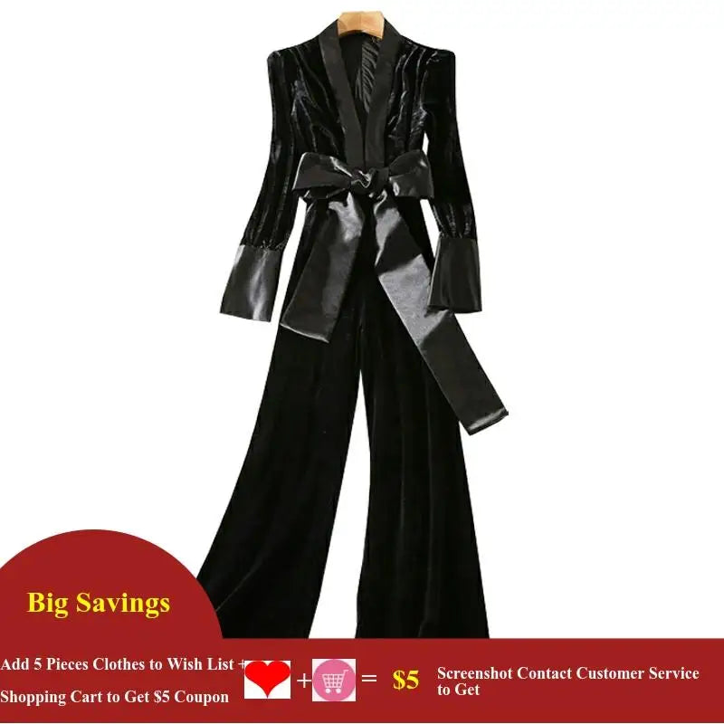 Women Romper Sexy V Neck Velvet Jumpsuit Flare Sleeve Belt Work Party Ropmers Fashion Streetwear Long Pant  Overalls  2020