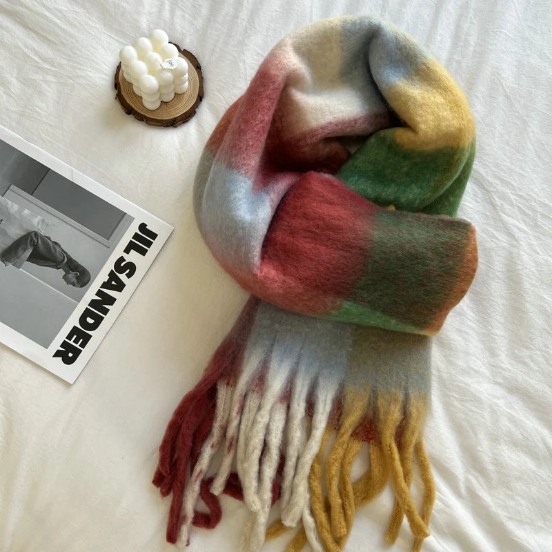 Winter Multicolor Stripe Scarf Cashmere Thick Shawl Women Long Winter Warm Pashmina Wraps with Tassel Scarf For Women