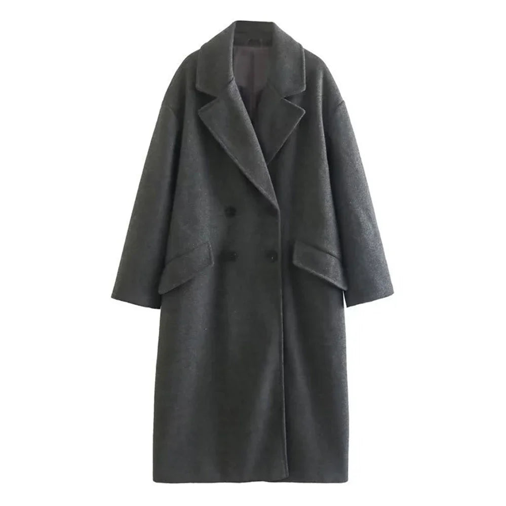 Women's Fashion Casual Loose Long Coat Coat Autumn and Winter Double-breasted Lapel Coat Warm and Soft Solid Colour Coat