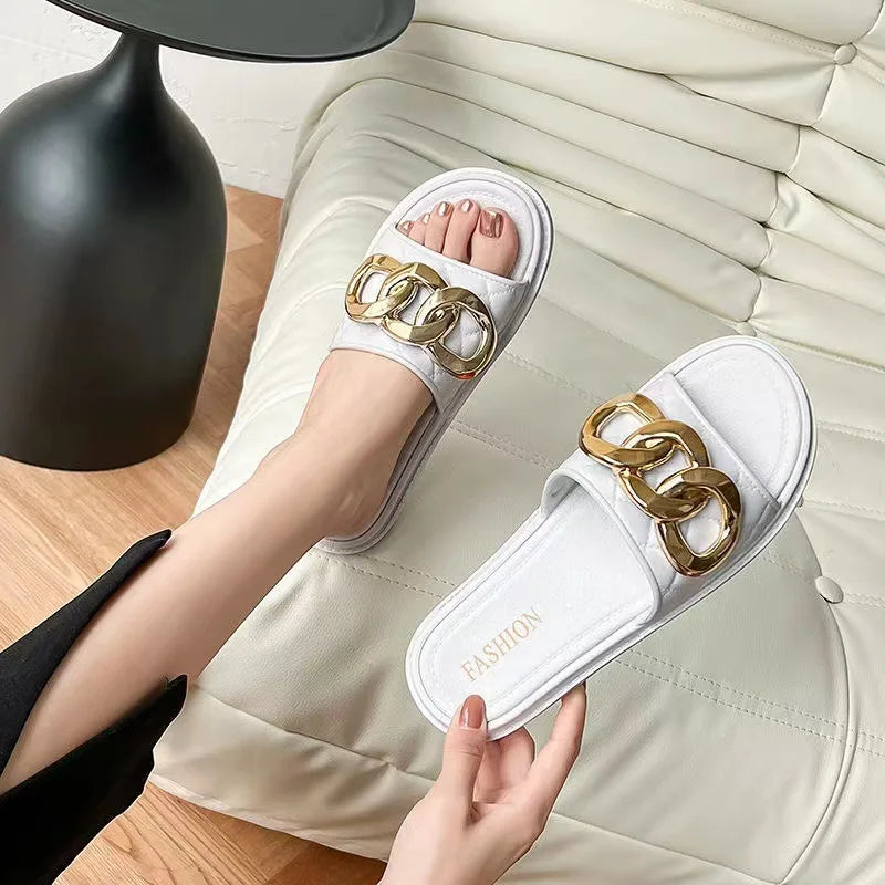 Net Red Fashion Thick Bottom Sandals And Slippers Women's All-match Summer Casual Metal Buckle One-word Slippers