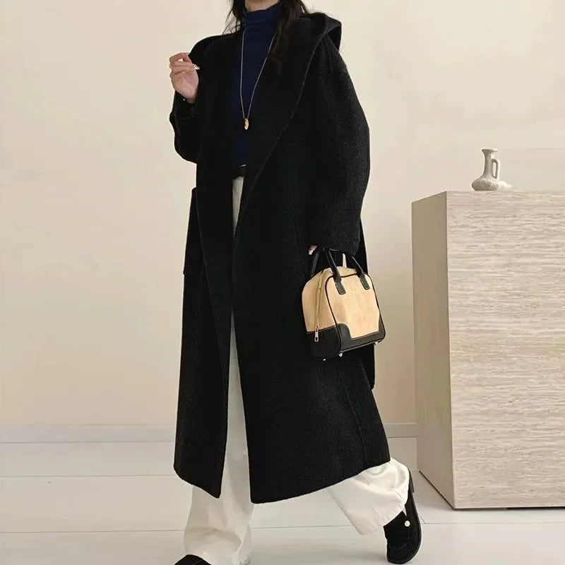 Wool Beige Pocket Belted Long Woolen Coat New Hooded Long Sleeve Women Jacket Fashion Tide Autumn Winter 2025 New