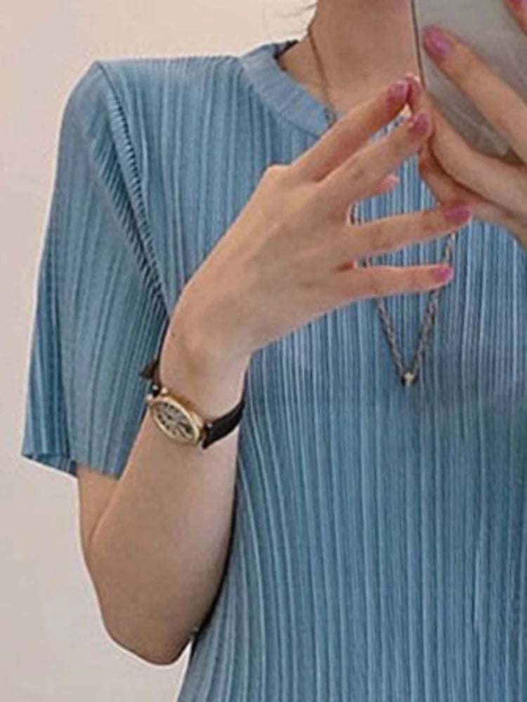 Korean Chic Minimalist Gentle Round Neck Pleated Slim Wrap Hip Short Sleeve Female Dresses 2022 Summer New Style  B560