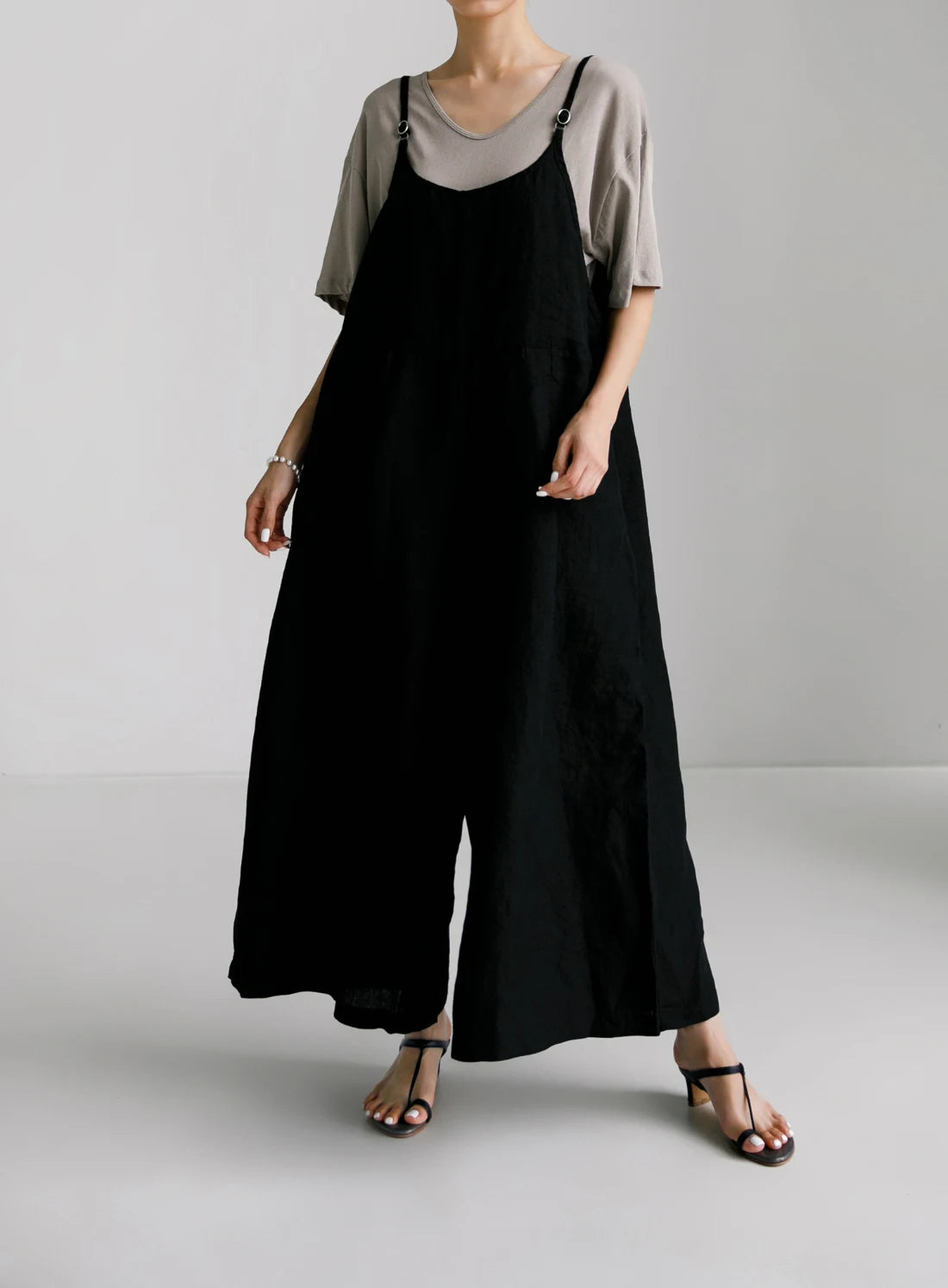 Women's Cotton and Linen Wide leg Jumpsuit Bf Casual Trousers Skirt Strappy Hemp Sling One Piece Pants