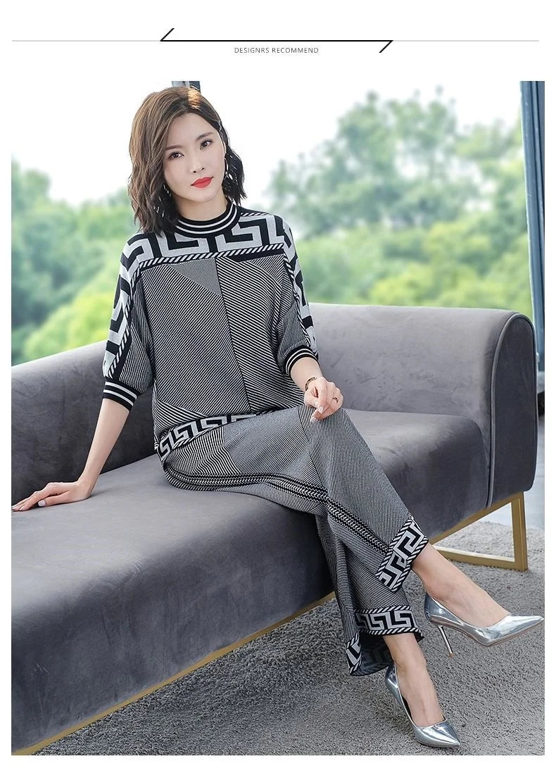 Two piece Women's Knitwear Casual Sets 2025 Spring Autumn New Loose Fashion Temperament Pullover Tops+Wide leg Pants Female