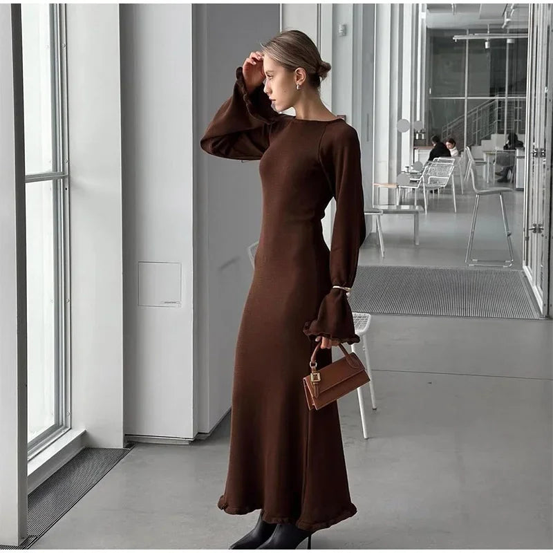 Elegant Roll Edge Party Dress For Women Long Sleeve O Neck Slim Flare Sleeve Long Robes 2025 New Lady High Street Evening Gown