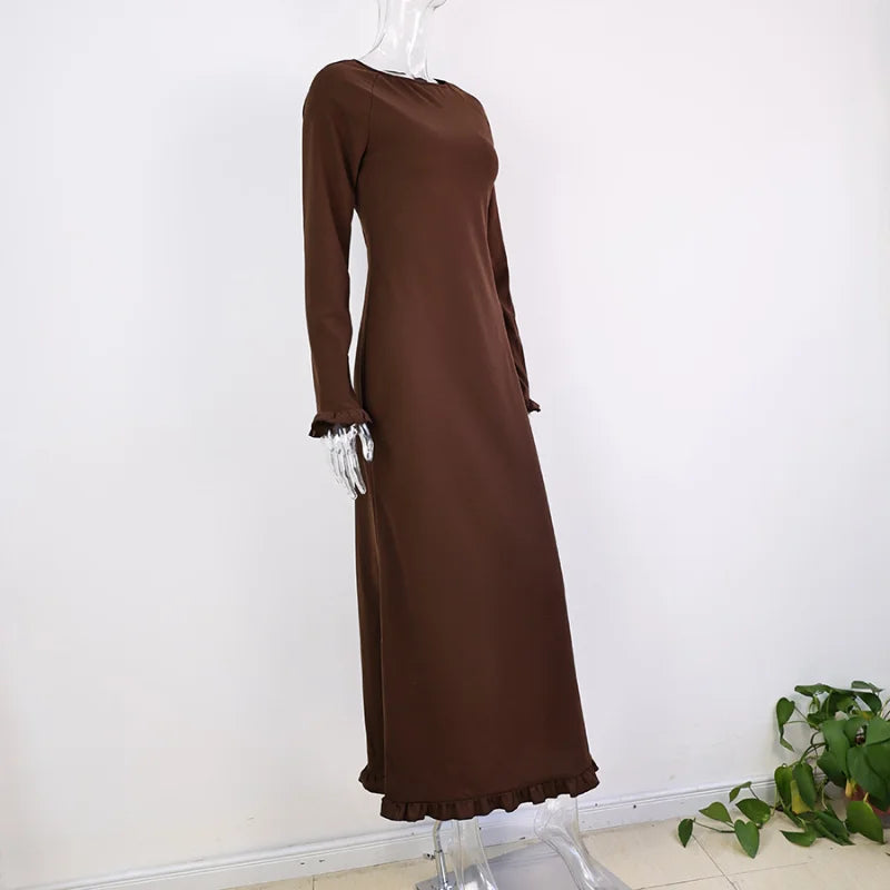 Elegant Roll Edge Party Dress For Women Long Sleeve O Neck Slim Flare Sleeve Long Robes 2025 New Lady High Street Evening Gown