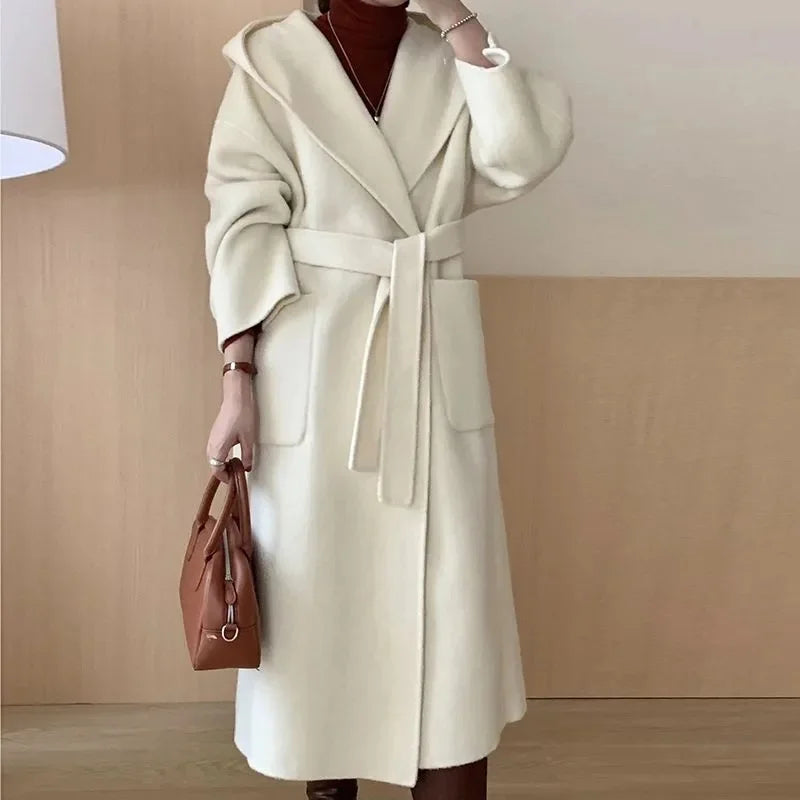 Wool Beige Pocket Belted Long Woolen Coat New Hooded Long Sleeve Women Jacket Fashion Tide Autumn Winter 2025 New