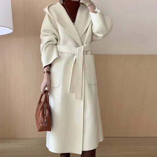 Wool Beige Pocket Belted Long Woolen Coat New Hooded Long Sleeve Women Jacket Fashion Tide Autumn Winter 2025 New