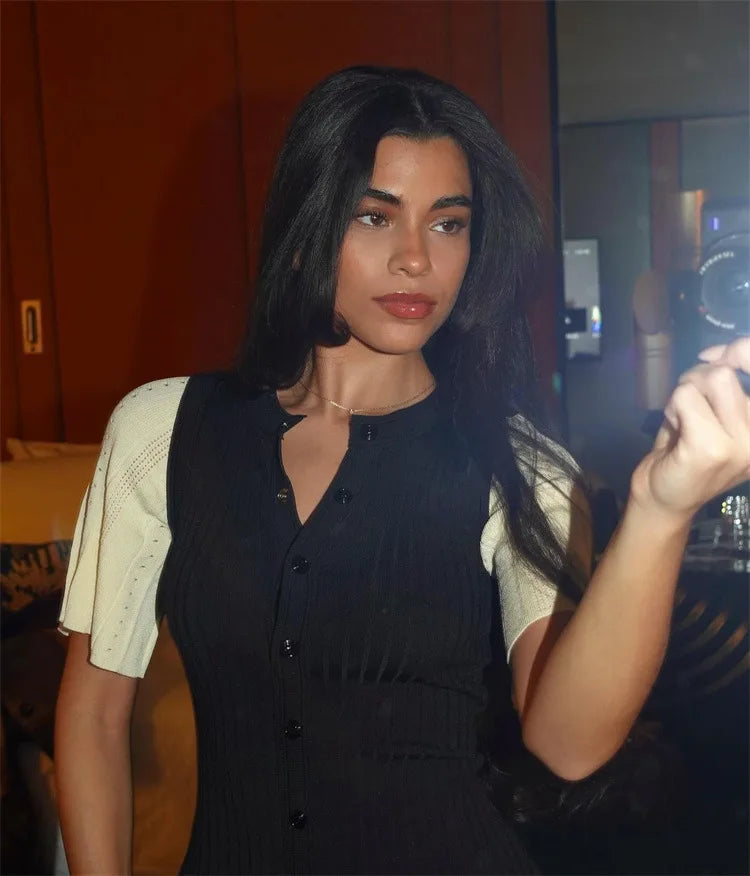 Elegant Knitted Single Breasted Midi Dress Women's Patchwork Dresses Female 2025 Summer Robe New Black Beige Robes Evening Party