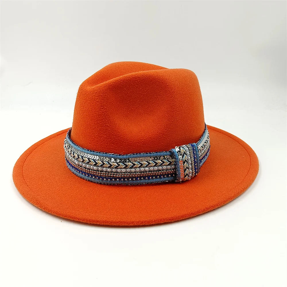 Blue Fedora Hat Pearl Rhinestone Design for Men and Women Panama Church Cap Fashionable Elegant Vintage Felt Hat fedoras