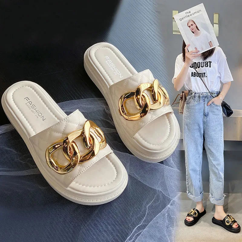 Net Red Fashion Thick Bottom Sandals And Slippers Women's All-match Summer Casual Metal Buckle One-word Slippers