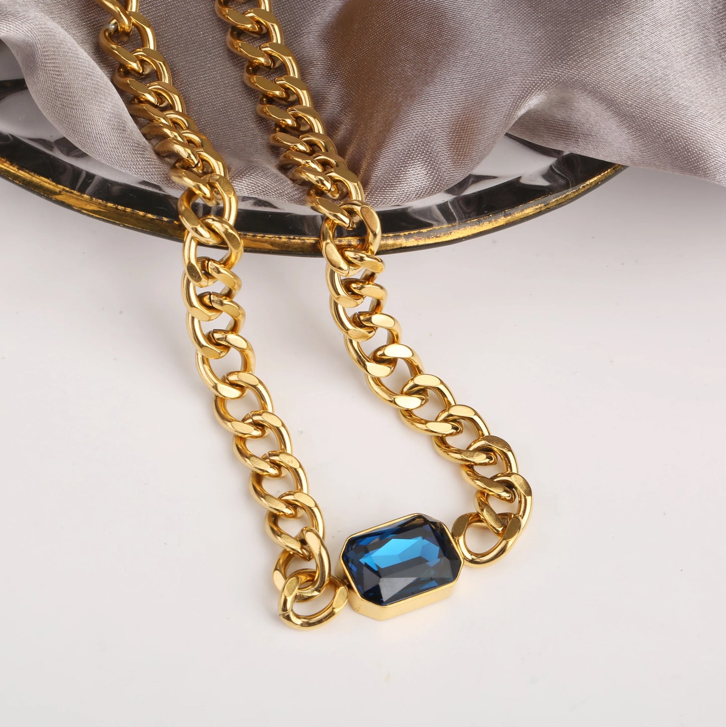 Personalized Rectangle Colorful Crystal Six-Sided Polished Cuban Chain Necklace Bracelet Set For Woman Stainless Steel Jewelry