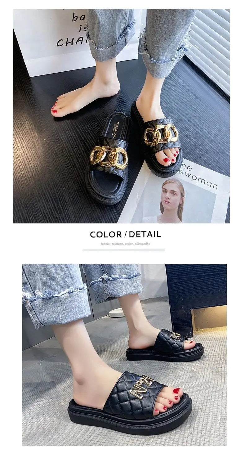 Net Red Fashion Thick Bottom Sandals And Slippers Women's All-match Summer Casual Metal Buckle One-word Slippers