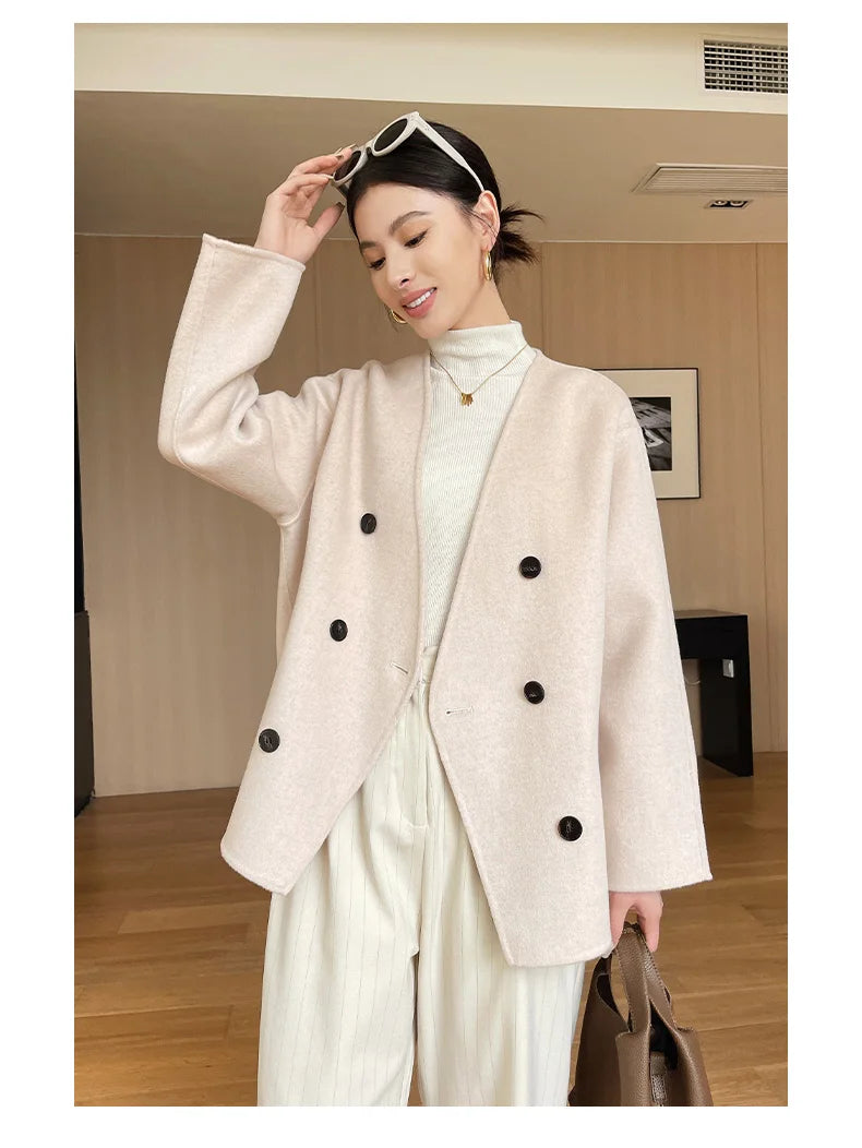 100% women's wool coat, double-sided, warm, high-end, loose, Korean style, short, 2024 autumn and winter new coat