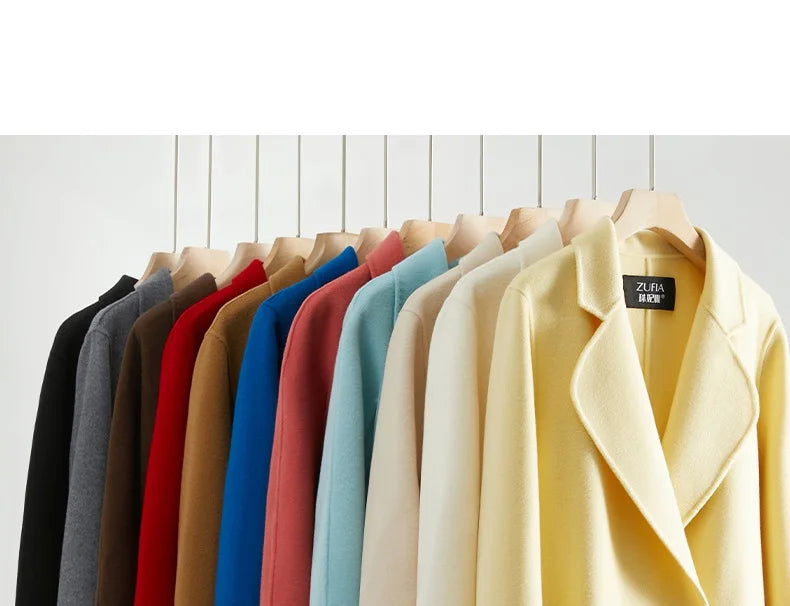 White Belt Double-sided Cashmere Coat Women's 2024 New Fashion Temperament Winter Slim Wool Coat Solid Female Long Windbreaker