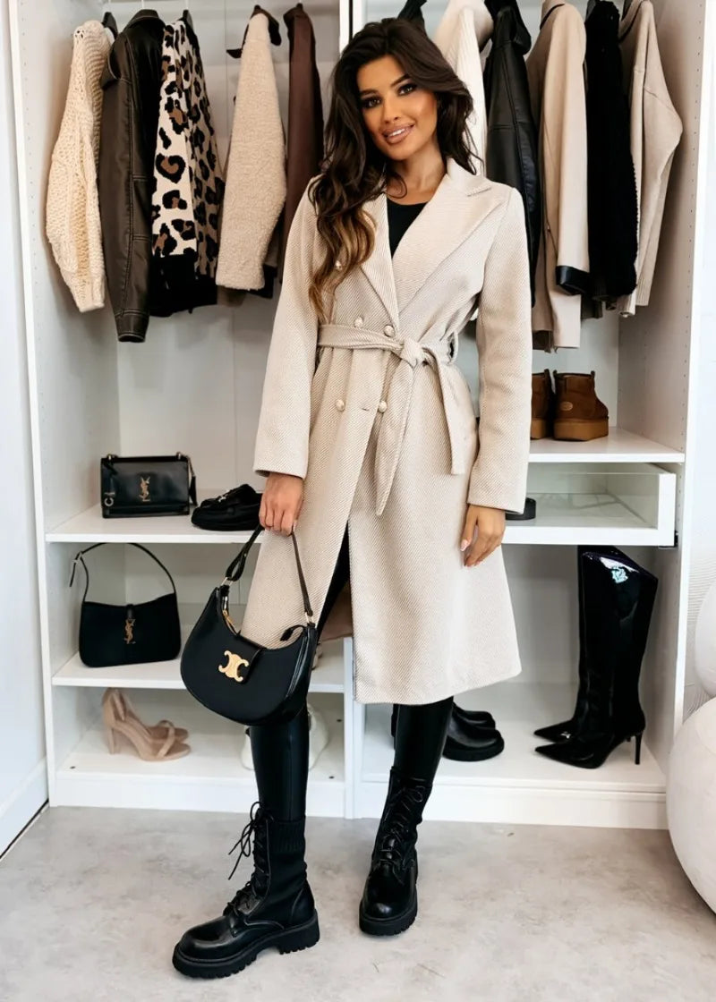 Women's Woolen Coat Autumn Winter Vintage Elegant Double Breasted Trench Coat Women Brown Long Sleeved Midi Windbreaker Jacket