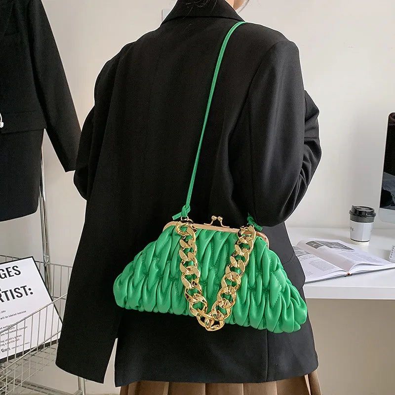 Pleated Lingge Fashion Shell Bag Women's Versatile Chain Handbag Casual One Shoulder Crossbody Chain Accessories Women's Bag
