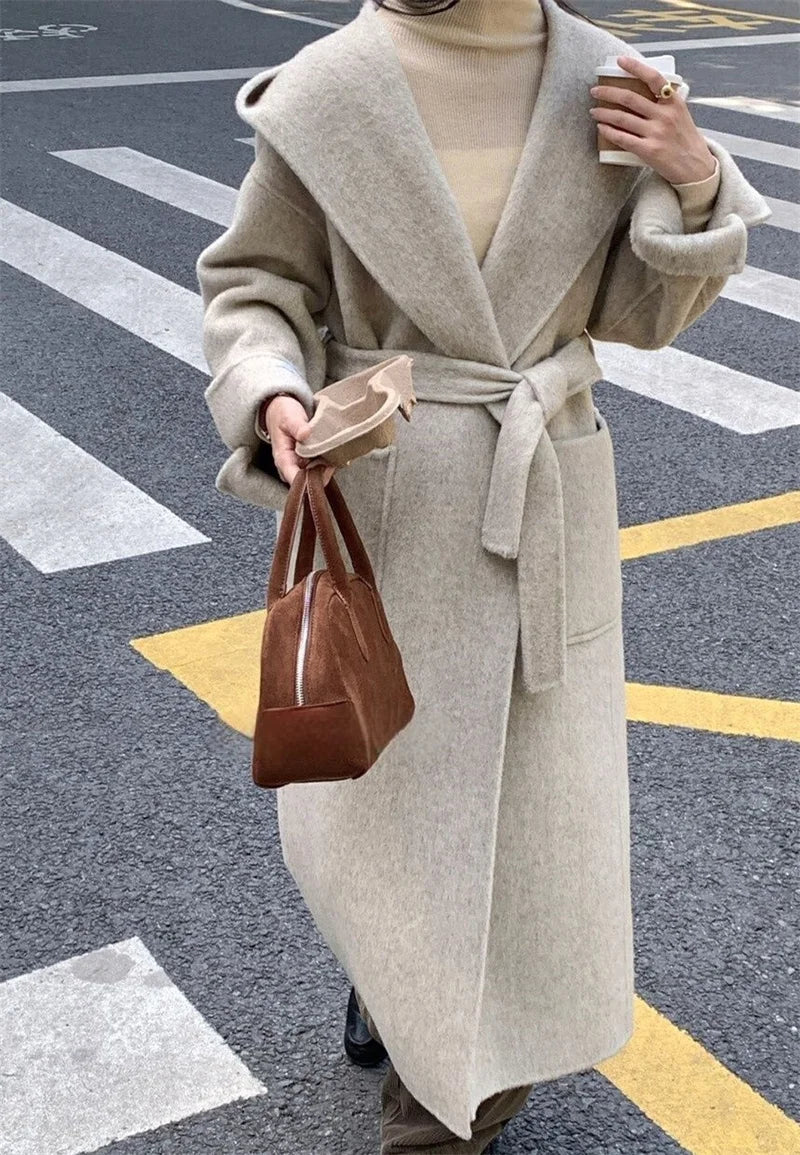 Wool Beige Pocket Belted Long Woolen Coat New Hooded Long Sleeve Women Jacket Fashion Tide Autumn Winter 2025 New