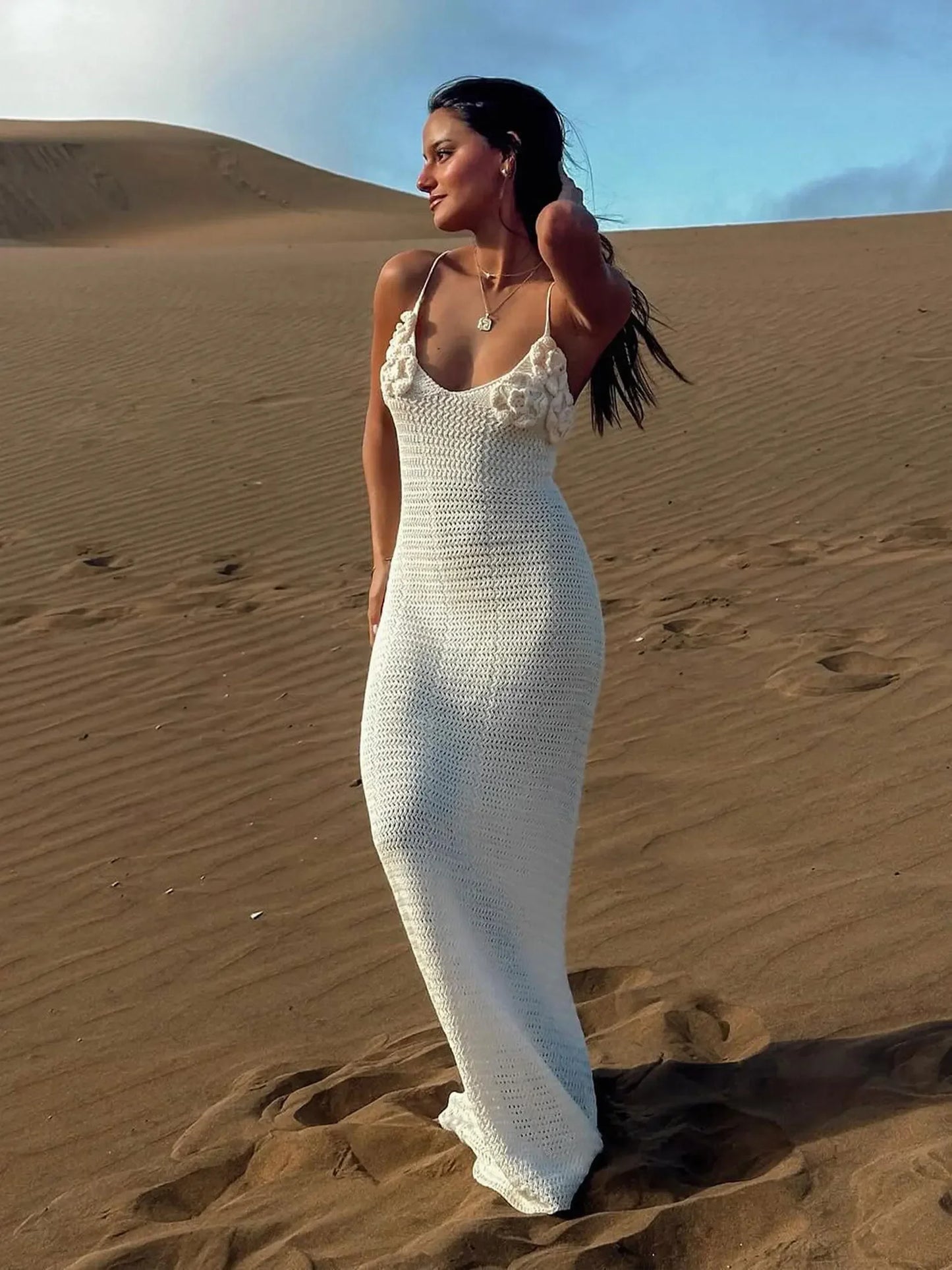 White Knit Cut Out Spaghetti Strap Flower Long Dress Sexy V Neck Bodycon Beach Maxi Dress 2025 Summer Women Holiday Outfit K79
