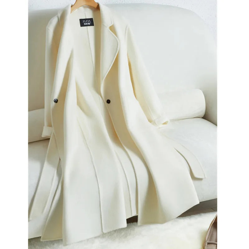 White Belt Double-sided Cashmere Coat Women's 2024 New Fashion Temperament Winter Slim Wool Coat Solid Female Long Windbreaker