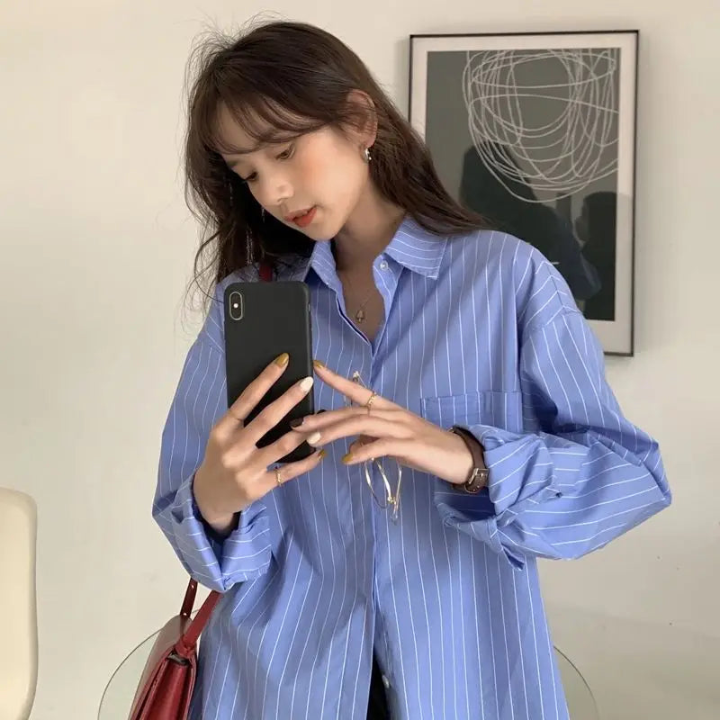 Sun Protection Korean Style Women's Clothing Spring and Summer Stripe Long Sleeve Blouses Outdoor Cardigan Clothes Shirts