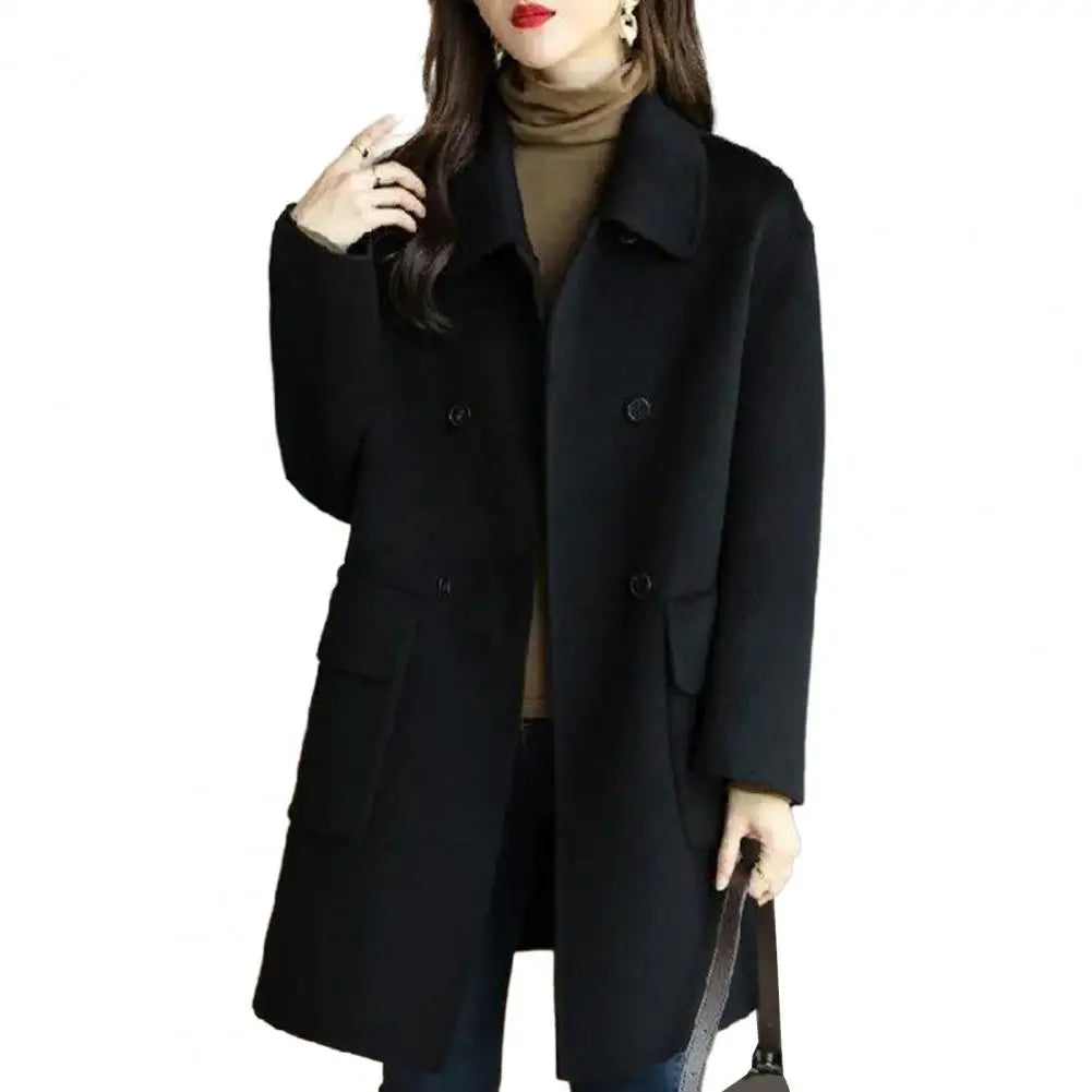 Women Woolen Coat Mid-length Thermal Coat Stylish Women's Mid-length Woolen Coat Lapel Double Breasted Flap for Autumn/winter