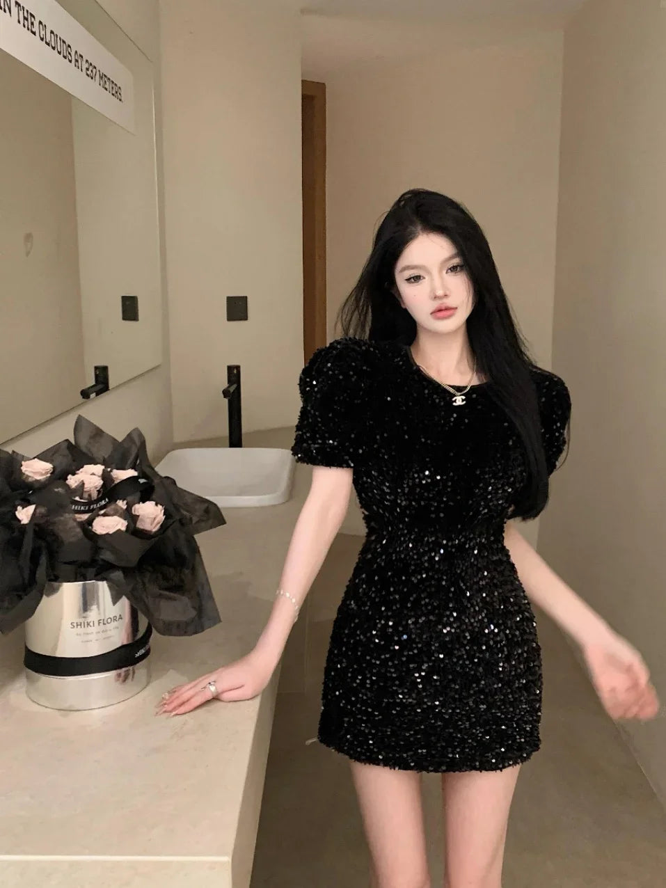 Korejpaa Sexy Dress Women Korean Style Backless Black Dresses Spring Summer Sequin Short Sleeve Slim Waist Vestidos Femme