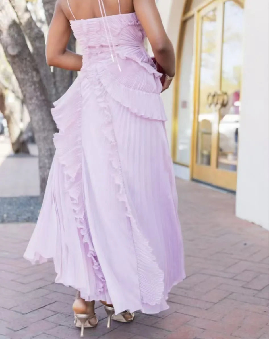 Purple Ruffle Irregular Maxi Dress for Women Sexy Halter Backless Party Dresses Summer Fashion Chiffon Holiday Fairy Dress 2025