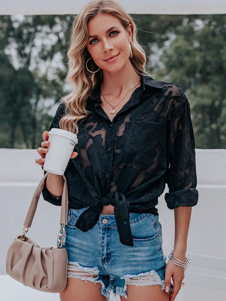 Elegant Long Sleeve Lapel Lace Blouse Office Lady Spring Summer Hollow Out Jacquard Loose Shirt Oversized Tops Luxury Chic Tunic