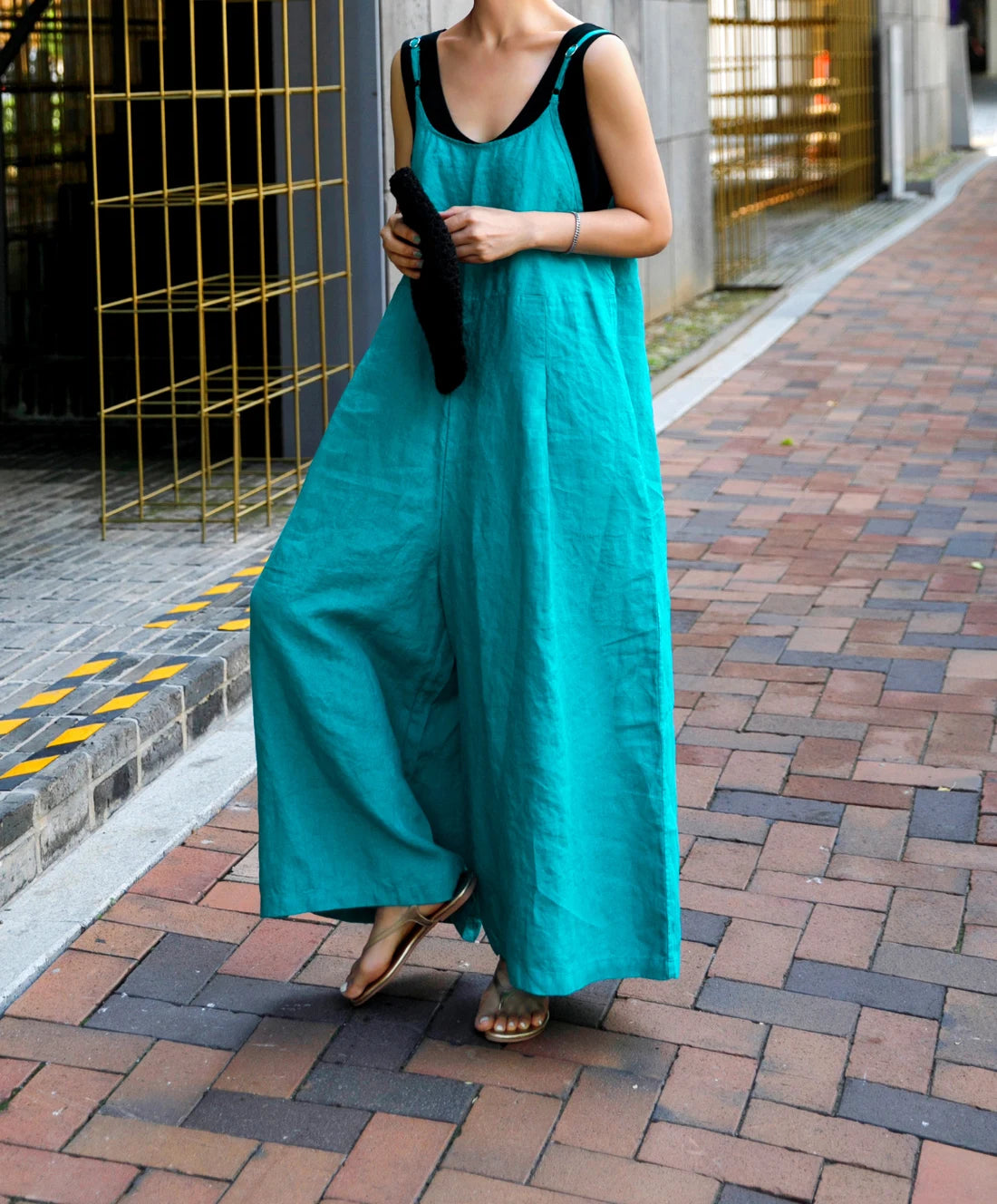 Women's Cotton and Linen Wide leg Jumpsuit Bf Casual Trousers Skirt Strappy Hemp Sling One Piece Pants