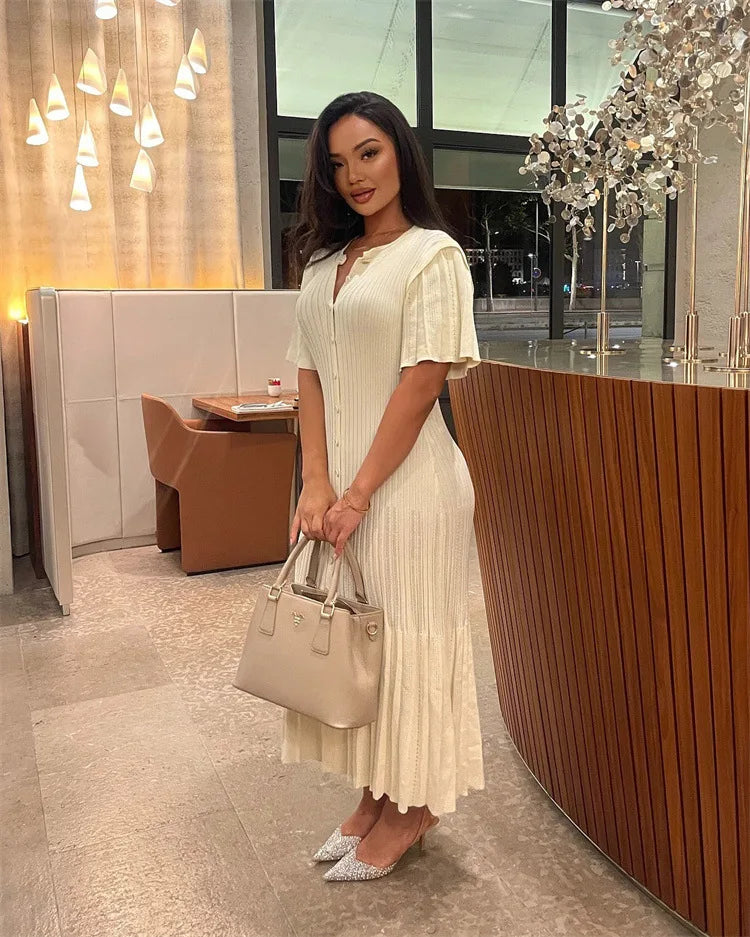 Elegant Knitted Single Breasted Midi Dress Women's Patchwork Dresses Female 2025 Summer Robe New Black Beige Robes Evening Party