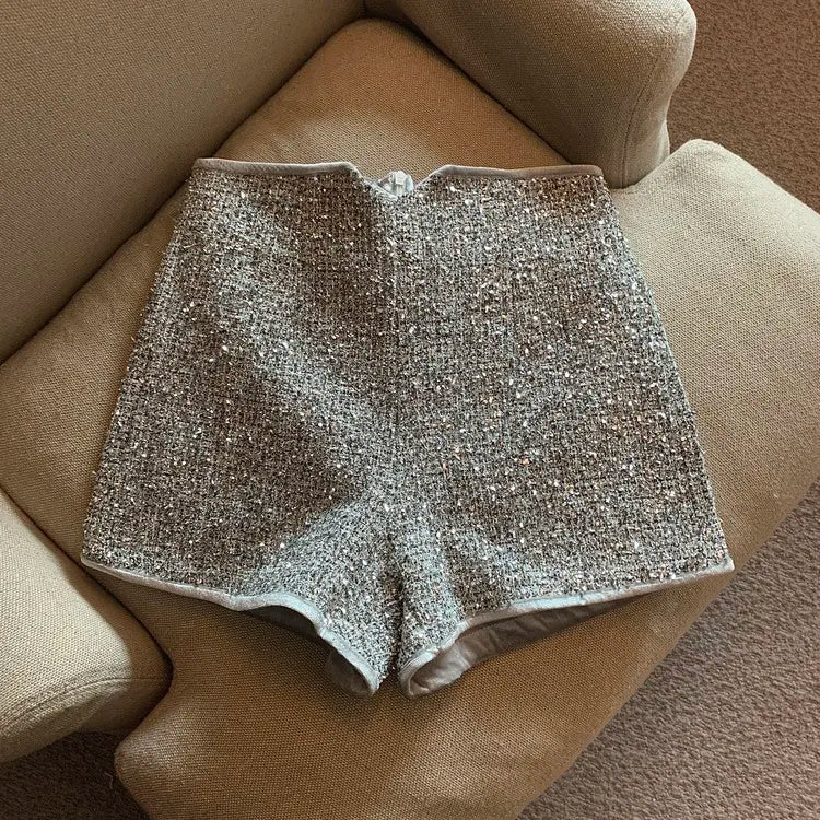 Shorts for Women Sexy High Waist Silver Sequins Short Mujer Y2k Straight Wide Leg Casual Cargo Pantalones Cortos De