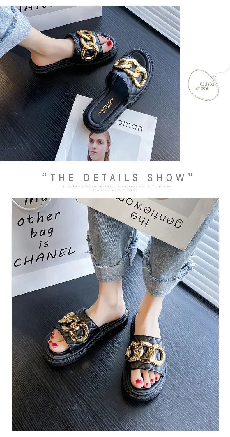 Net Red Fashion Thick Bottom Sandals And Slippers Women's All-match Summer Casual Metal Buckle One-word Slippers