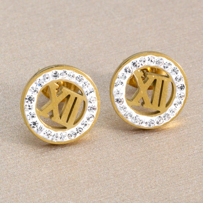 Charmoment Cute Numbers and Letters Golden Zircon Stainless Steel Stud Earrings for Women Luxury Quality Korean Fashion Jewelry
