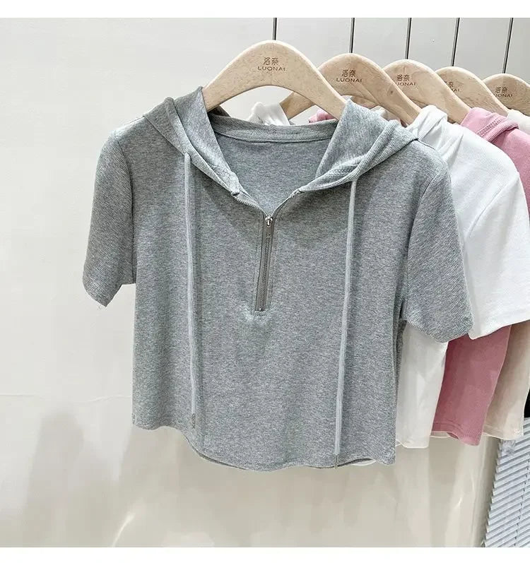 Hoodedslims Women's Double Zip Short Sleeve T-Shirt Cropped Top Sensible Design Polyester Fiber Summer 2025 New Arrival Jacket