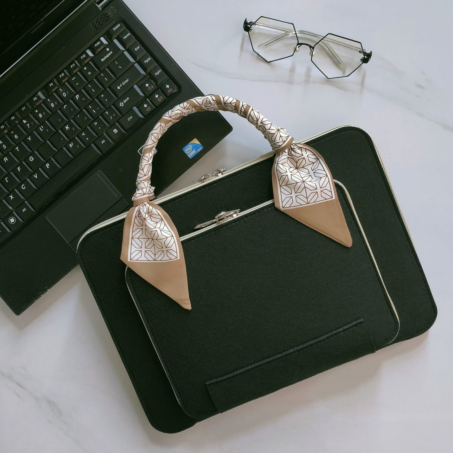 Wool Felt Laptop Bag 13 14 15 15.6 Inch Sleeve Case Women Briefcase with Silk Scarf for Macbook Microsoft Lenovo DELL HP ASUS