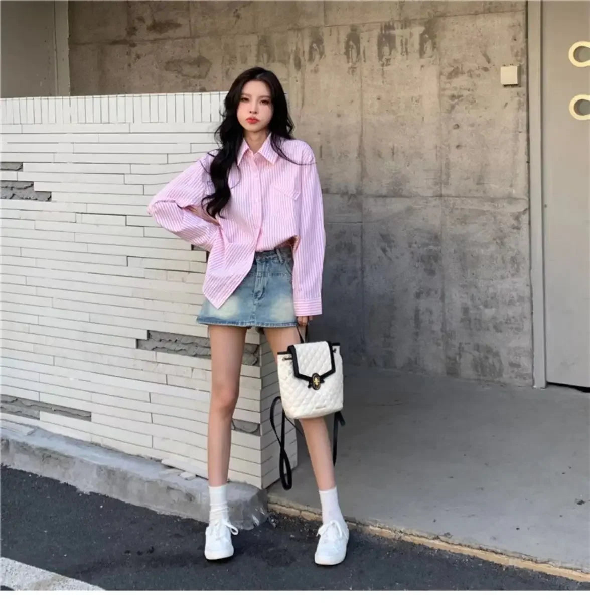 korean fashion Shirts for Women Loose Versatile Long Sleeves Blouse Pocket Casual Spring New Blue Striped Women's Shirt