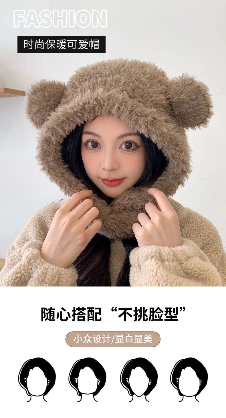 Plush bear ear hat woman winter thick cold lovely windproof neck protector scarf neck integrated hat