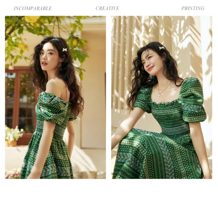 ARTKA 2023 Summer New Women Dress Vintage Print Green Square Collar Dresses Short Puff Sleeve A-line Long Dress Female LA92038X