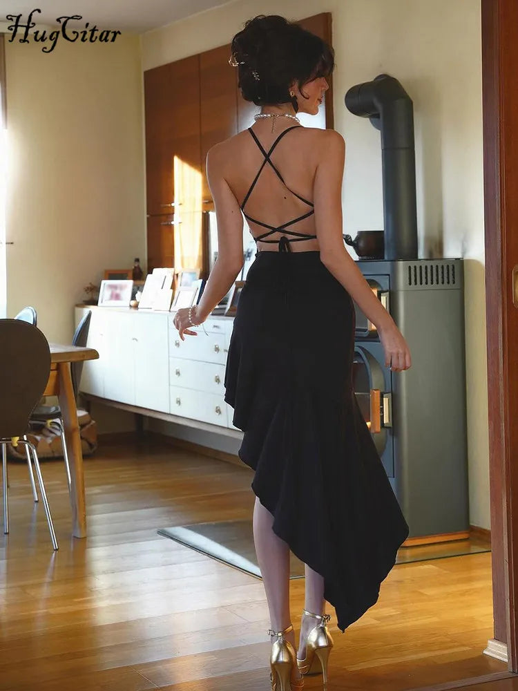 Hugcitar Square Collar Slips Backless Draped Lace Up Pleated Irregular Sexy Midi Dress 2024 Spring New Outfits Festival Party