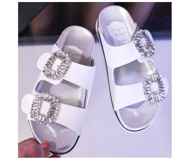 New Trend Women's Slippers Outside 2022 Women's Rhinestone Side Buckle Open Toe Bicyclic Flat-Bottomed Sandals Slippers Girls