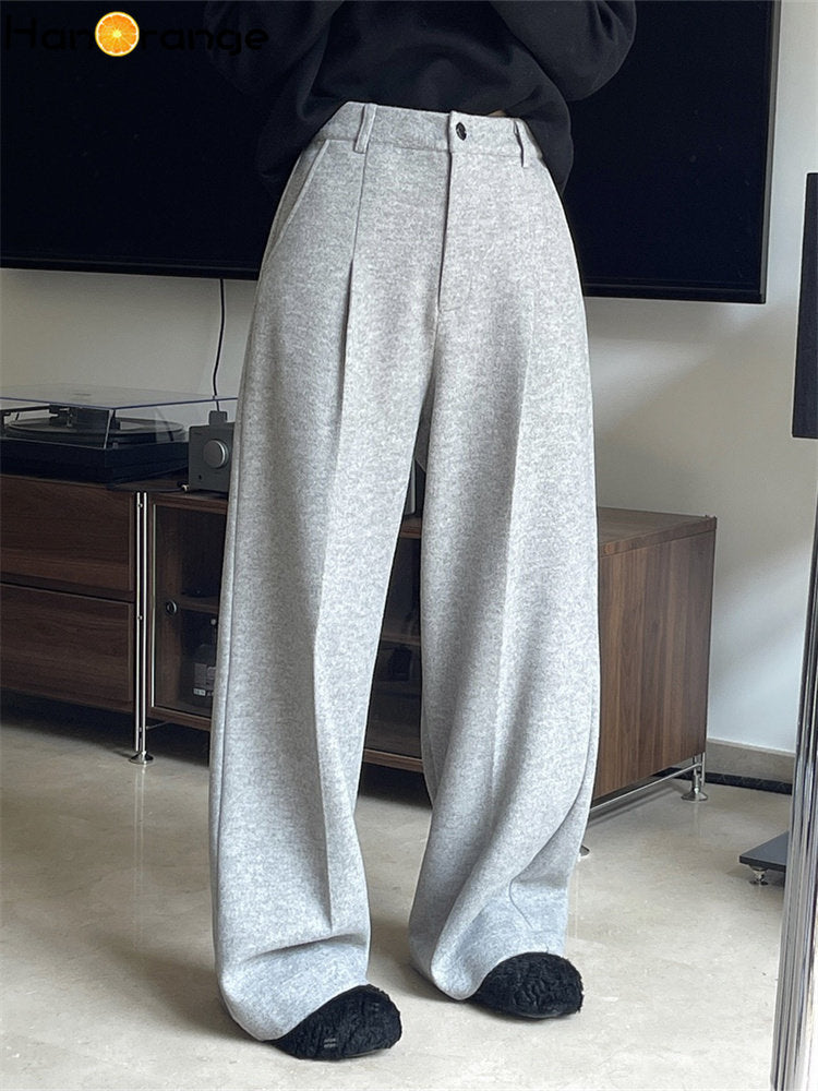 HanOrange 2024 Winter Languid Woolen Wide Leg Pants Casual High Waist Loose Comfortable Thick Trousers Female Grey/Navy