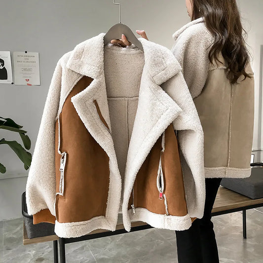 Winter Loose Splice Contrast Biker Jacket Korean Brown Women Fleece Thicken Coat Vintage Large Size Casual Lapel Female Outwear