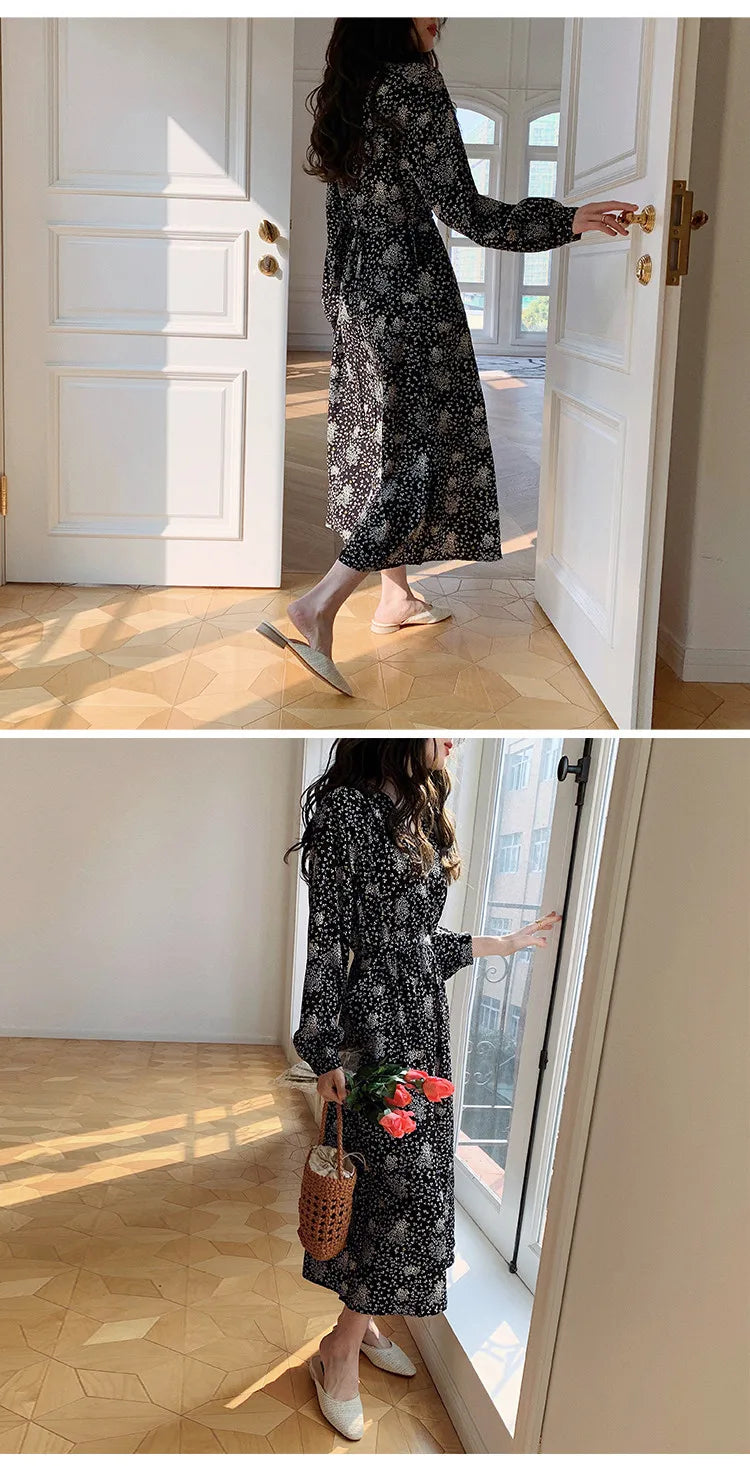 ARTKA 2023 Spring New Women Dress Elegant Loose Puff Sleeve Prints Dresses V-Neck High Waist A-Line Chiffon Long Dress A22LA055C