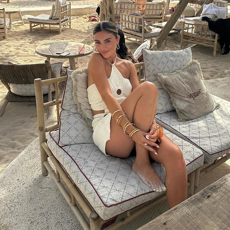 Hollow Out Halter Women Dress Sexy Backless Solid Mini Beach Dress Knitted Irregelar Petaling Short Dresses Female Slim Dress